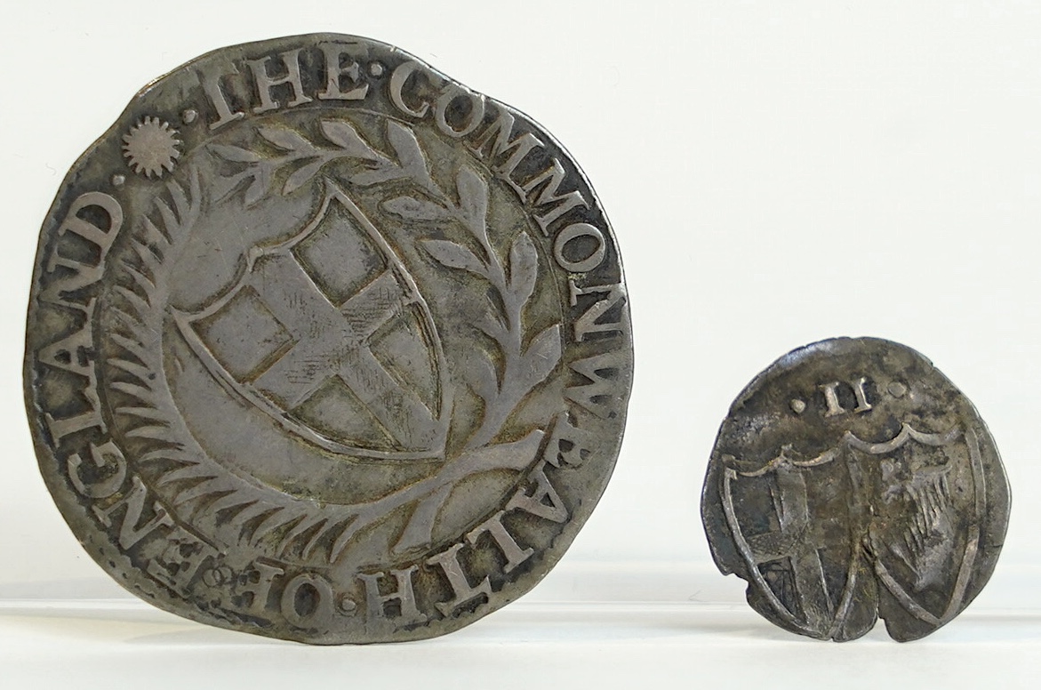 British hammered silver coinage, Commonwealth (1649-1660), Shilling, 1649, mm. sun (S3217), fine, toned and a half groat (S3221), split with edge losses otherwise fine, toned (2)